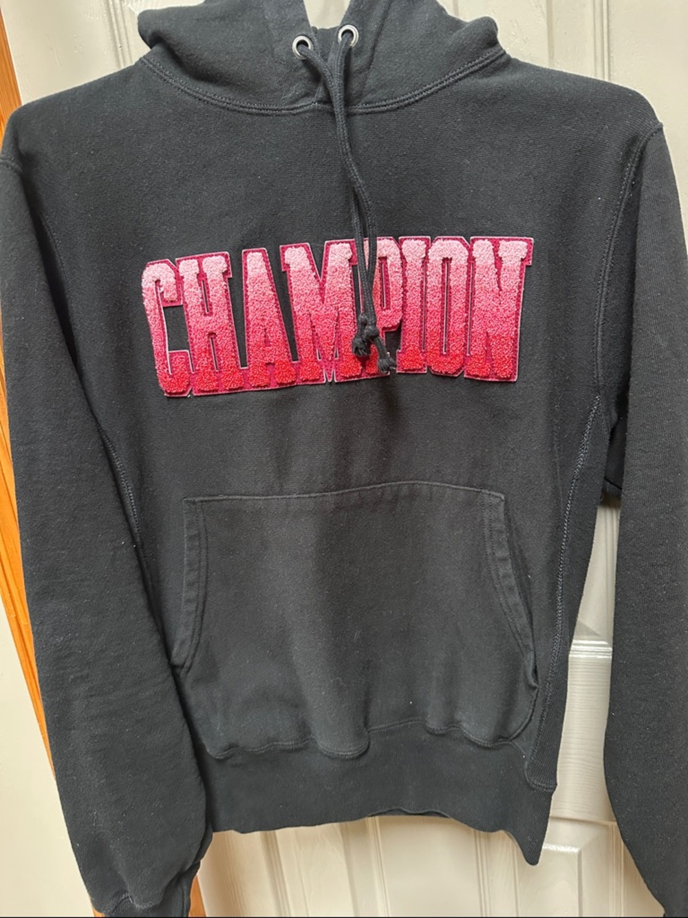 Champion Black Hoodie with Pink Applique CHAMPION Script